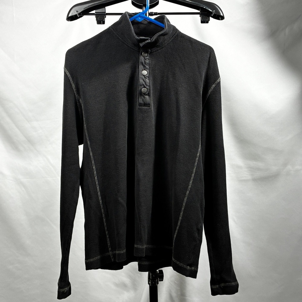 Michael Kors Mens Black Waffle Knit Thermal Mock Neck Henley Shirt Large